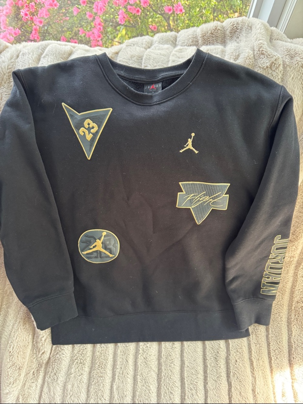 Jordan Flight Club Kids Black Crewneck Sweatshirt with Gold Emblems